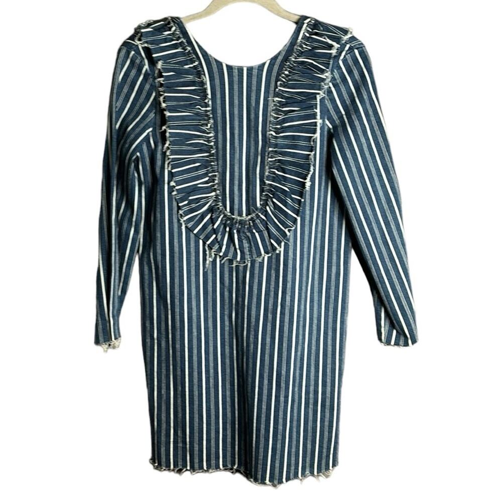 Zara | Dresses | Zara Striped Denim Long Sleeve Dress Ruffle Detail And Low Back Xs